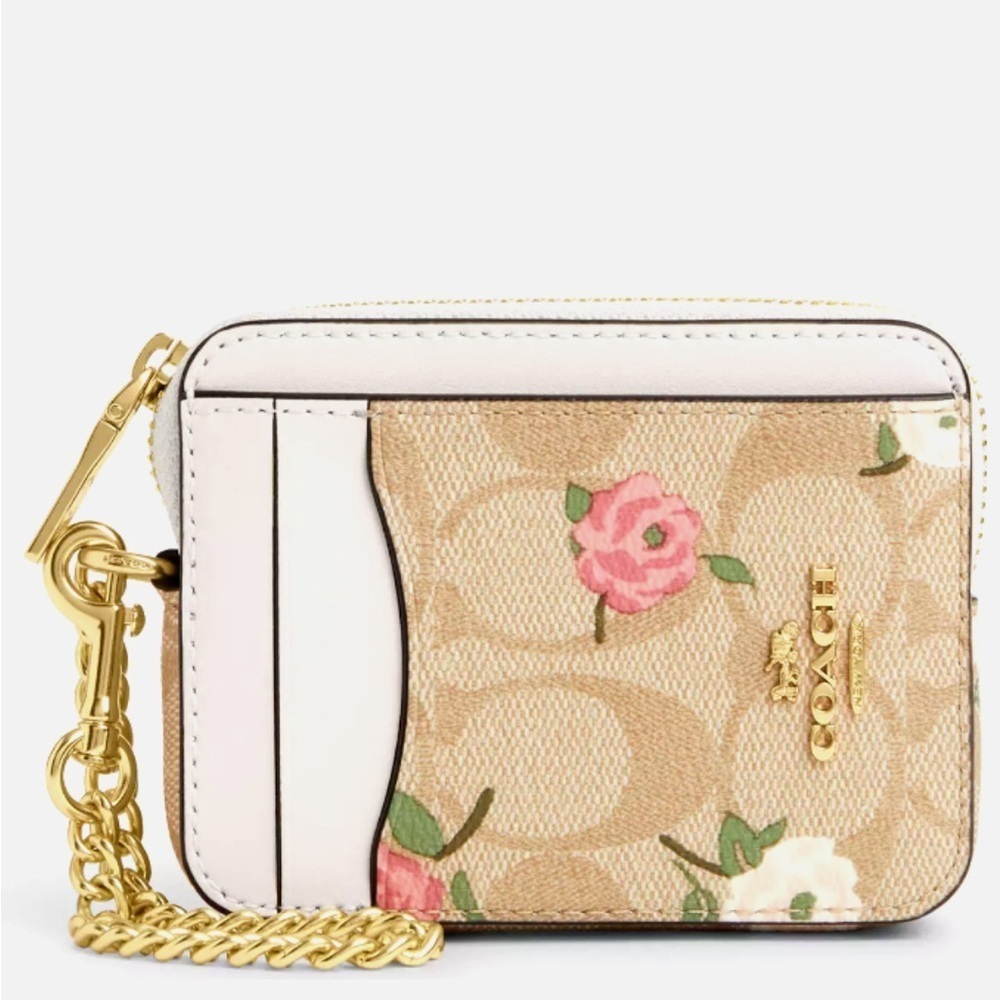 COACH Zip Card Case In Signature Canvas Floral Print Leather Light Khaki NEW